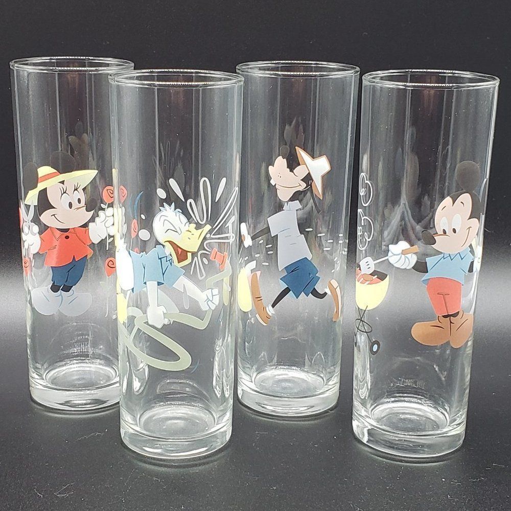 Disney Set of 4 Vintage Mickey Mouse & Friends Gardening BBQ Iced Tea Glasses - Picture 1 of 12